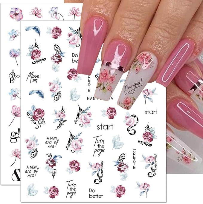 Dornail 8 Sheets 3D Flower Nail Stickers - Spring & Summer Colorful Floral Nail Art Stickers with Blooming Florals & Leaf Designs for DIY Nail Decorations