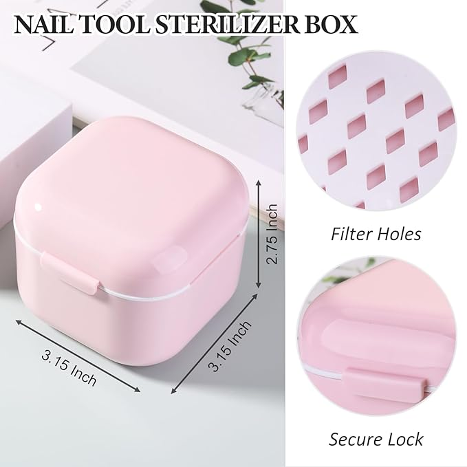 1Pc Plastic Nail Tool Sterilizer Box Nail Drill Bits Cleaning Box Polishing Tools Soaking Tray Manicure Pedicure Storage Container Case - Pink (Pink, 3.15“x3.15“x2.75“)