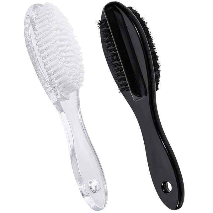 Nail Brush for Cleaning Fingernails 2 PCS, Long Handle Grip Double Sided Nail Foot Scrub Brush Fingernail Cleaner, Soft Stiff Bristles Pedicure Nail Scrubber Non-Slip for Men Women Black White