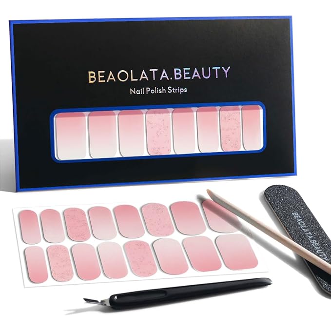 Nail Polish Strips, 32PCS Salon Quality Wraps, Long Lasting Gel Nail Stickers for Women Easy Apply& Remove (Cosmic Mist Pink)