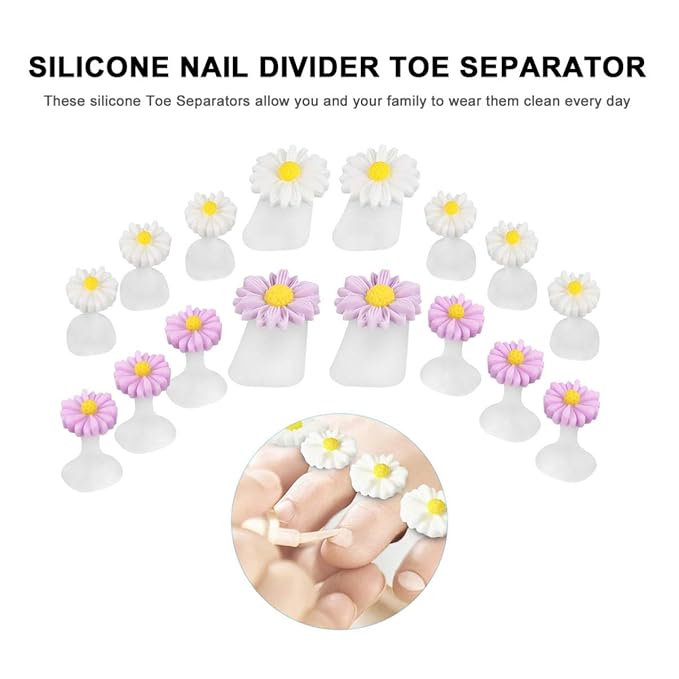 Beaupretty Silicone Toe Separators for Pedicures 16 Pieces Daisy Flower Spacers and Dividers for Nail Art and Salon Use Comfortable Soft Cushions for Toe Spreaders