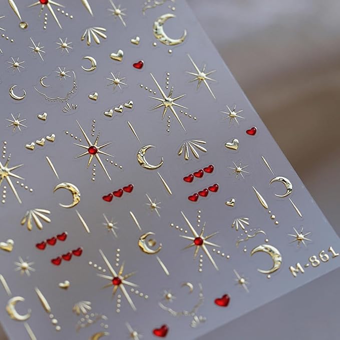 Star Moon Nail Art Stickers Decals 5D Gold Bronzing Embossed Nail Stickers 1PCS Red Heart Star Moon Luxury Nails Design Jelly Nails Adhesive Decals Manicure Supply for Women DIY Nail Art Decorations