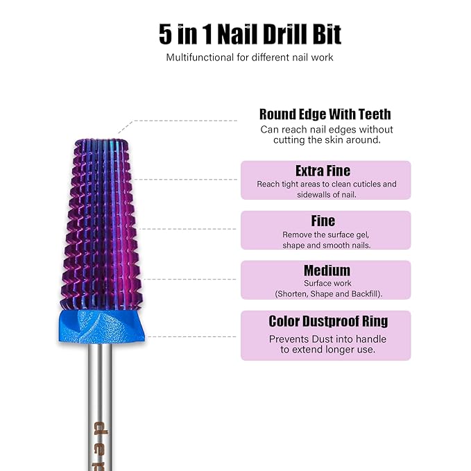 Depvko Super Long 5 in 1 Nail Drill Bits, 3/32'' Carbide Tungsten Bits, Two Way Rotate Professional Advanced Safety Bits for Nail, Fast Remove for Manicure Pedicure (Classic 5in1-Purple, Medium-M)