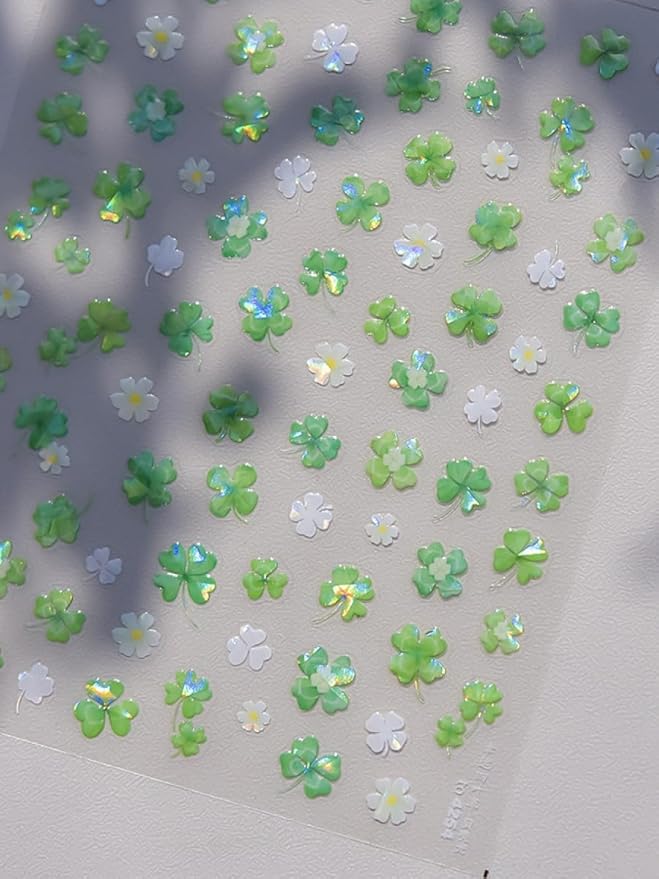 Clover Nail Stickers 5D Embossed – Premium Salon-Quality Nail Charm Accessories, Easy Application & Self-Adhesive Spring Green Lucky Four Leaf for DIY Manicure, Nail Art, Press on, Home or Salon Use