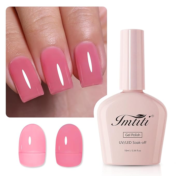 Imtiti Jelly Gel Nail Polish, Rose Pink Sheer Jelly Nail Gel Polish Soak Off UV LED Spring Summer Translucent Art Manicure Salon DIY Design 10ML
