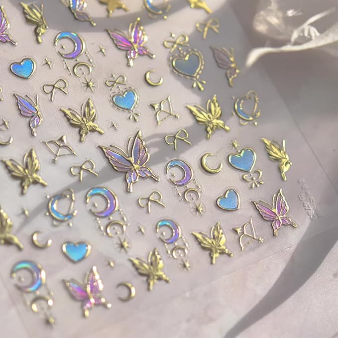Butterfly Nail Art Stickers Decals 3D Gold Bronzing Nail Stickers Laser Star Moon Luxury Nail Design Self-Adhesive Nail Decals Manicure Sliders for Women Girls DIY Nail Art Decorations Supplies