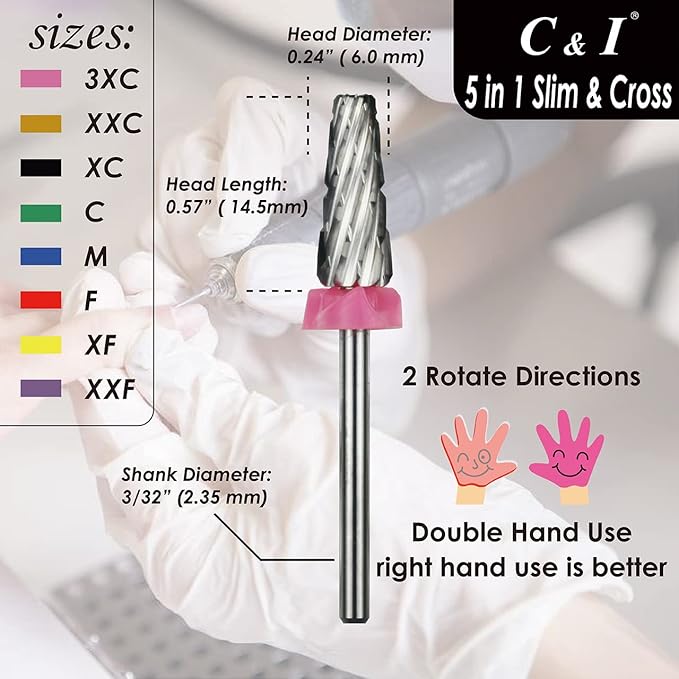 C & I 5 in 1 Nail Drill Bit, Cross & Slim Edition, Professional Nail Drills for Electric Manicure Drill Machine (Coarse -C)