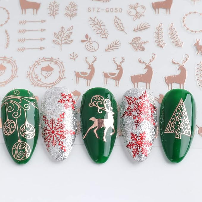 JMEOWIO 9 Sheets Christmas Nail Art Stickers Decals Self-Adhesive Pegatinas Uñas Navidad Rose Gold Winter Holiday Xmas Snowflake Nail Supplies Nail Art Design Decoration Accessories