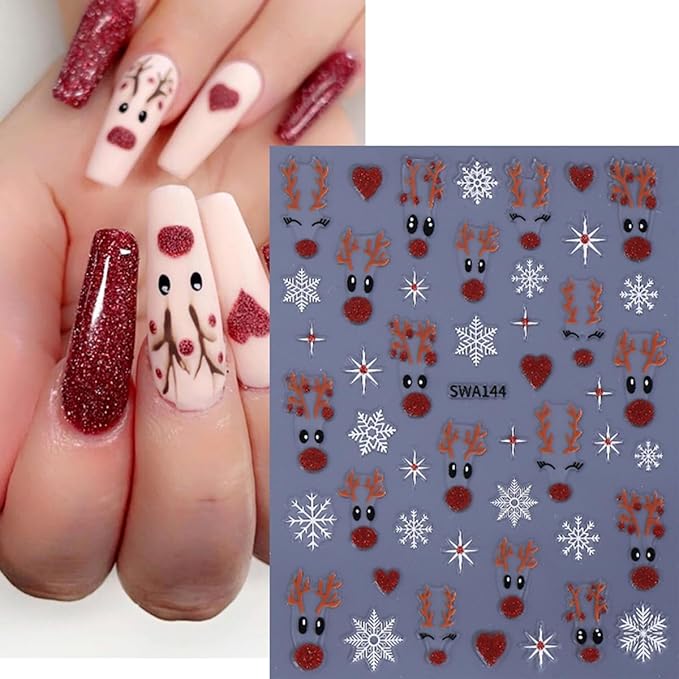 Christmas Nail Art Stickers Decals Deer Snowflake Design 3D Self-Adhesive Xmas Nail Decals Nail Art Supplies Cute Cartoon Glitter Nose Deer Snowflakes Holiday Stickers for Nails Manicure Decorations
