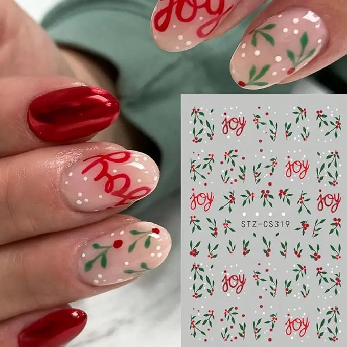 Christmas Nail Art Stickers Decals Red Green Holly Leaf Winter Nail Decals 6PCS Holly Leaves Joy Design 3D Self-Adhesive Xmas Nail Decals Nail Art Supplies for Holiday New Year Manicure Decorations