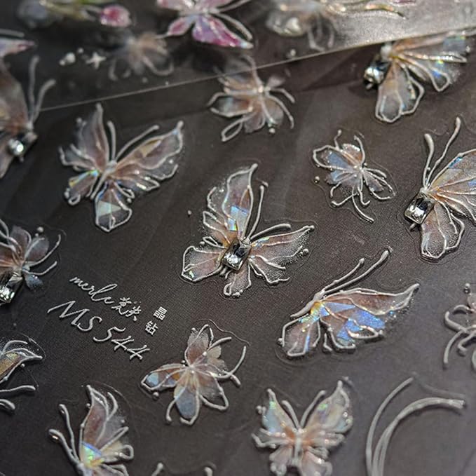 1Pcs Butterfly Nail Stickers 5D Embossed – Premium Salon-Quality Nail Charms with Crystal Diamond Design Accessories, Easy Application & Self-Adhesive Retro Butterflies Decal for DIY Manicure Nail Art
