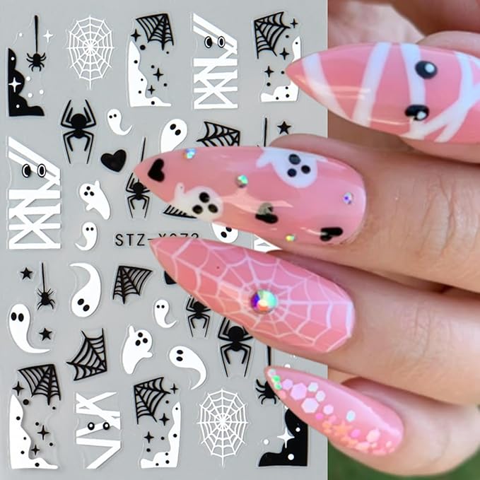 Halloween Nail Art Stickers Decals 3D Ghost Spider Web Nail Stickers 6PCS Cute Ghost Love Heart Spider Web Bandage Eye Ball Halloween Nails Design Adhesive Stickers for Women DIY Nail Art Decorations