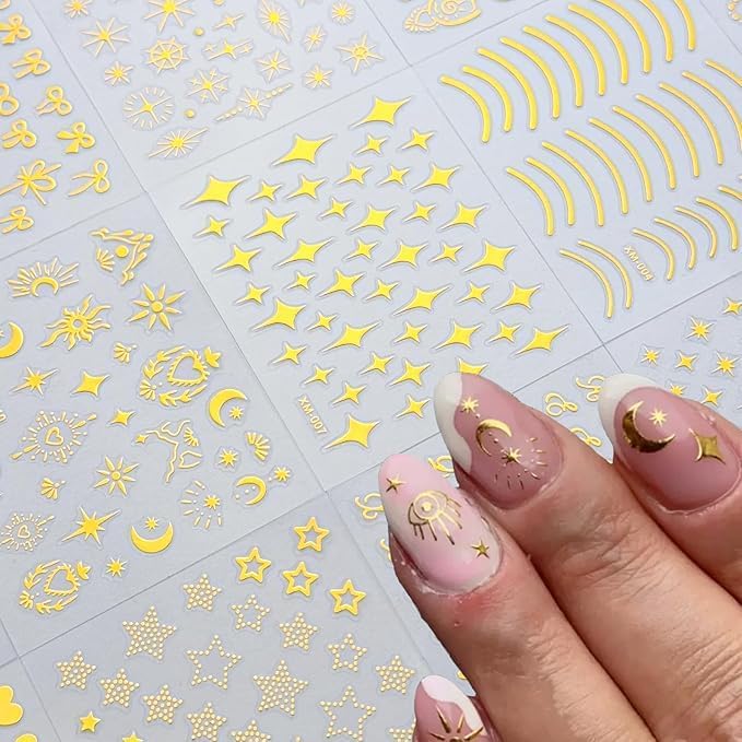 30 Sheets Gold Nail Stickers Star Nail Art Stickers 3D Embossed Self Adhesive Nail Decals Moon Letter Bow Nails Design Summer Nail Art Decals for Women Manicure DIY Decoration