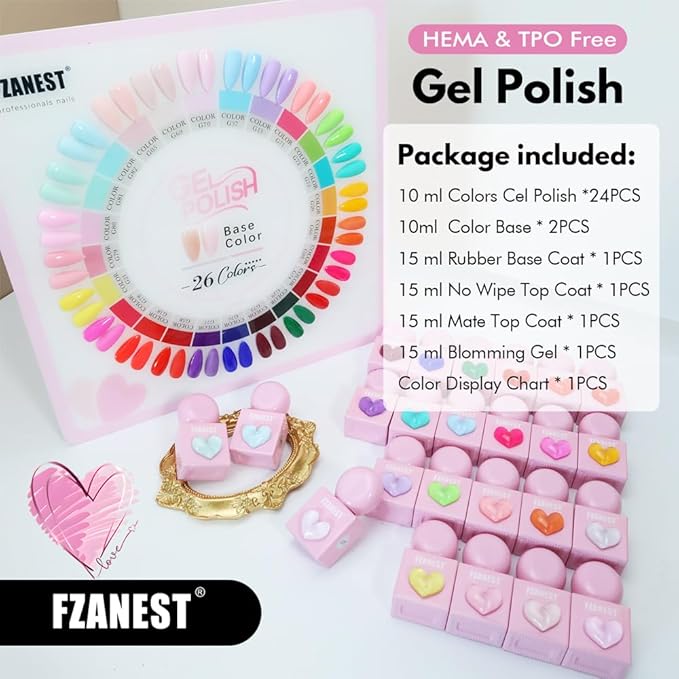 FZANEST Hema-free Gel Nail Polish Set, 30pcs TPO-free Nude Pink Red Blue Green Yellow All Season Gel Polish Colors with Rubber Base Top Coat Blooming Matte Top Soak Off Uv LED Nail Gel Kit