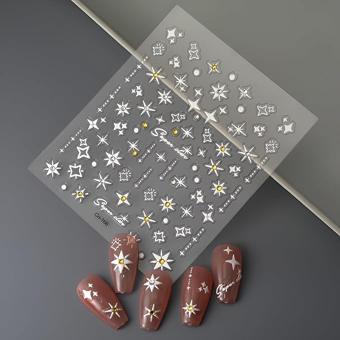 Star Nail Stickers for Nail Art 5D Self-Adhesive Nail Decals White Star Nail Stickers with Rhinestones Design White Nails Supplies Decoration Accessories for Women and Girls