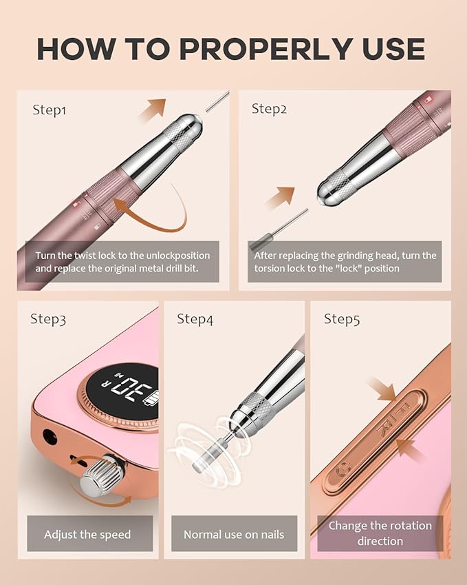 45000 RPM Nail Drill - Brushless Cordless Efile LCD Display & Heat Reduction Tech for Acrylic Gel Nails (Pink)