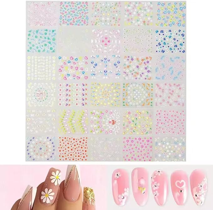 30 Sheets Flower Nail Stickers Floral Nail Art Stickers 3D Embossed Self Adhesive Nail Decals Heart Butterfly Rose Bow Nails Design Spring Nail Art Decals for Women Manicure DIY Decoration