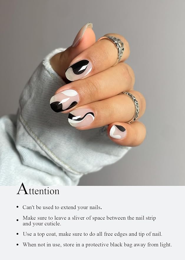 Semi Cured Gel Nail Strips (Black Line), 20 Pcs Gel Nail Wraps, Stickers, UV Light Required, Salon Quality, Long Lasting