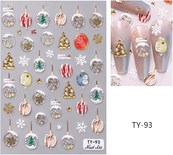 Christmas Nail Art Stickers 5D Embossed Light Balls Nail Decals with Xmas Tree Snowman Snowflakes Design Gold Glitter Nail Stickers Acrylic Nail Supplies for Women DIY Christmas Decorations 2 Sheets
