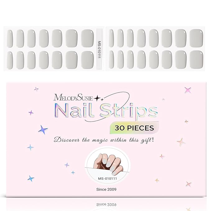 MelodySusie 30PCS Semi Cured Gel Nail Strips, Gray, Salon Quality, Long Lasting, Easy to Apply and Remove, Includes 2 Prep Pads, Nail File and Wooden Stick