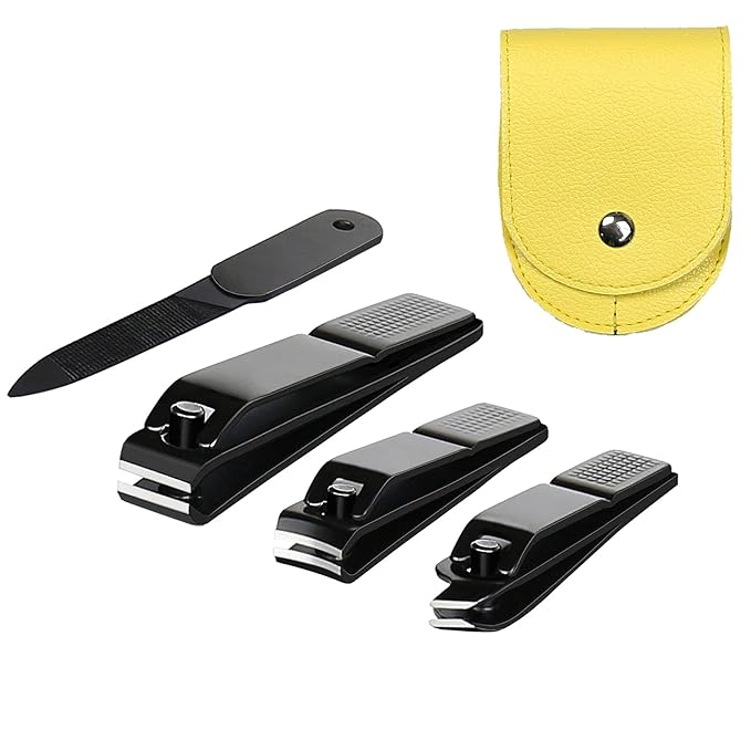 4 Pieces Nail Clippers Set, Ultra Sharp Sturdy Black Stainless Fingernail, Toenail Clipper Cutters and a nial File with Leather Travel Pouch (Black& Yellow Pouch)