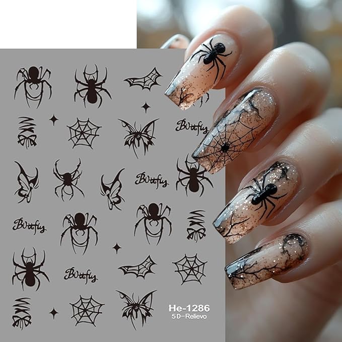 6 Sheets Spider Nail Stickers 3D Cute Black White Red Spider Nail Art Decals Self-Adhesive Halloween Spiders and Spider Web Nails Design Supplies Holiday Stickers for Women DIY Acrylic Manicure Tips