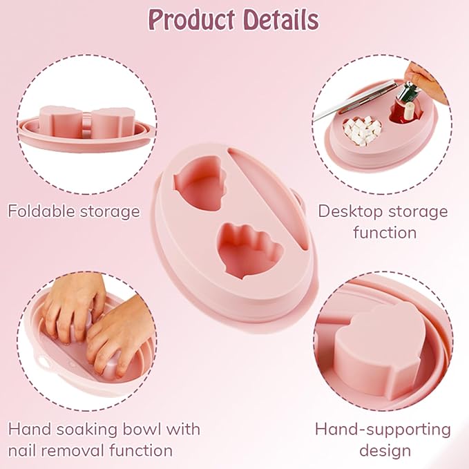 Nail Soaking Bowl, Silicone Foldable Soak Off Gel Polish Dip Powder Manicure Remover Bowl, with Cuticle Pusher, Cuticle Peeler, Nail File