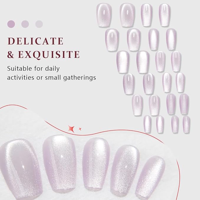 evpct Cat Eye Coffin Press on Nails Square Medium, Medium Square Glue on Nails for Women Gift, Light Lavender Purple Metallic Glitter Glossy Reusable Spring Summer Gel Press on Fake Nail with Designs