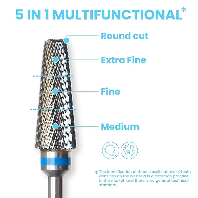 Super Cut 5 In 1 Nail Drill Bits, Tapered Barrel 3/32'' Safety Tungsten Bits, Upward Cut for Hard Gel Removal, Right Hand Use, Manicure Cuticle Gel Polishing, Technicians Bits, Medium.