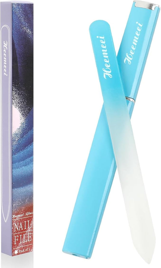 Glass Nail Files - Double Sided 180/320 Grit with Case, Ideal for Natural Nails - Blue