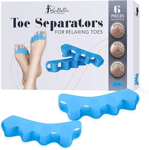 Ballotte Toe Separators, Silicone Toe Spacers for Bunions and Overlapping Hammer Toes, Athletic Tootsie Spacers for Running and Yoga, Foot Finger Splitters for Men & Women (Toe Seperators (Blue 6-Pack))