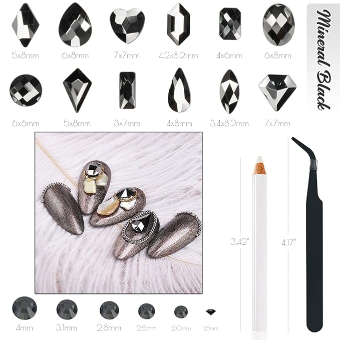 2630Pcs Mine Black Nail Rhinestones 120 Multi Shapes Metallic Black Big Gems Nail Charms +2510 Flatback Rhinestones Round Beads K9 Glass Stones Nail Art Diamonds jewels for Nails Eyes Makeup Crafts