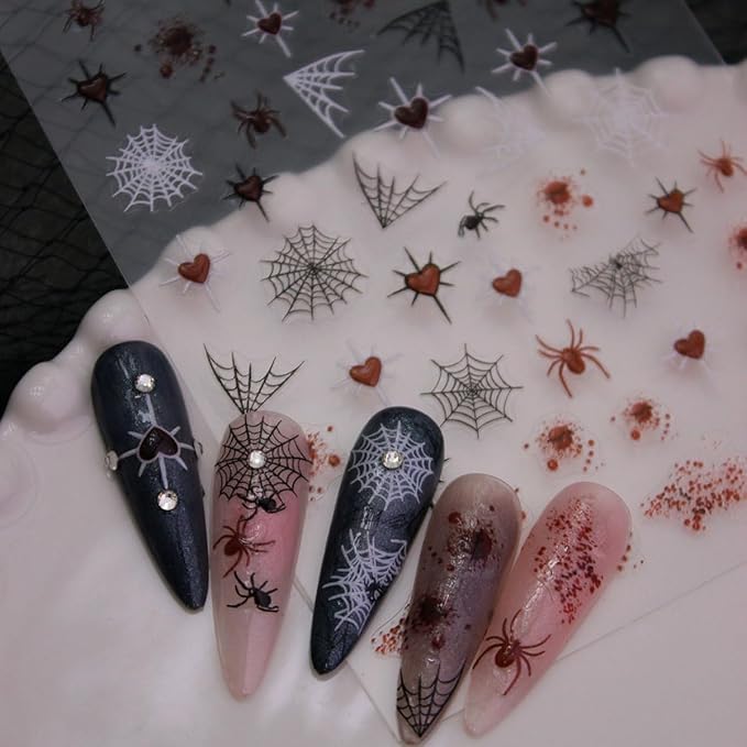 Halloween Nail Art Stickers Spider Nail Stickers Spider Web and Spiders Heart Design Self Adhesive Nail Decals Holiday Nail Decorations Acrylic DIY Manicure Supplies for Women 6 Sheets