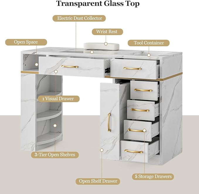 Paddie Manicure Table with Dust Collector, Glass Top Nail Tech Table Nail Desk Station w/7 Storage Drawers & 3-Tiers Open Shelves, Nail Workstation w/Wrist Cushion & Golden Handles((White Marble)