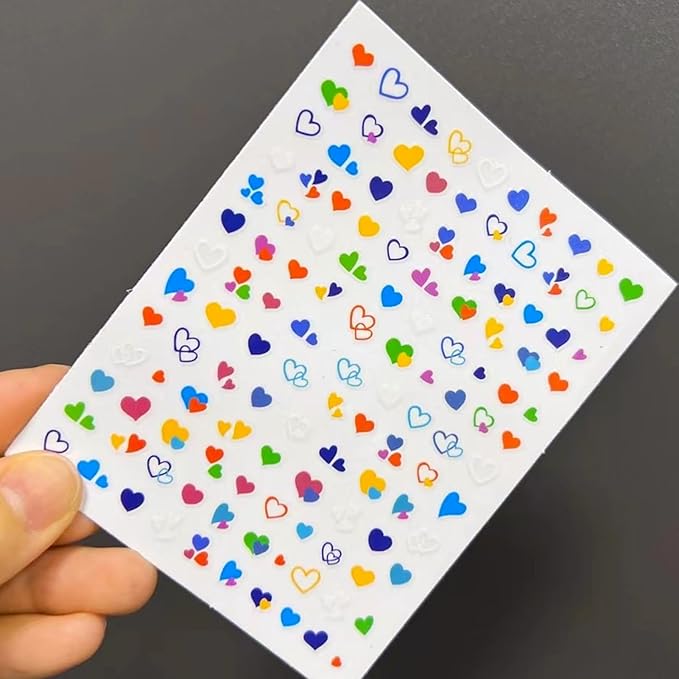 Valentine's Day Nail Art Stickers - Cute Colorful Heart Nail Decals, Self-Adhesive Rainbow Pride Love for DIY 3D Nail Supplies Decoration (4 Sheets)