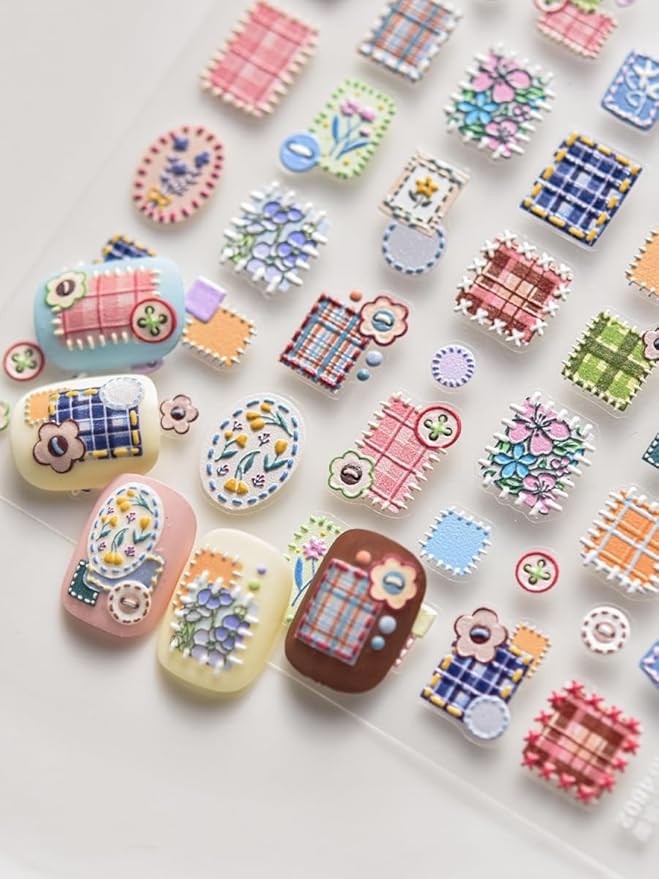 Cottagecore Nail Stickers – 5D Embossed Floral & Plaid Art Decals, Aesthetic Self-Adhesive Design for DIY Nails, Vintage Pastel Patterns Cozy, Cottage-Inspired Manicure, Home or Salon