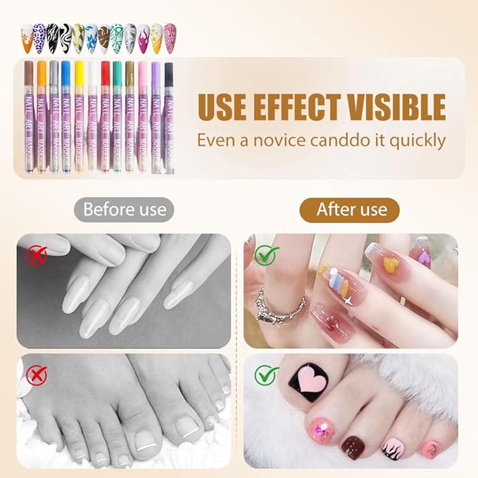 12 Colors Nail Art Pens Set, 2026 New Nail Art Markers for Gel Nails, Nail Art Tools for 3D Nail Art, Nail Art Markers Polish Pen for Graffiti Dotting Drawing Painting Point Liner DIY