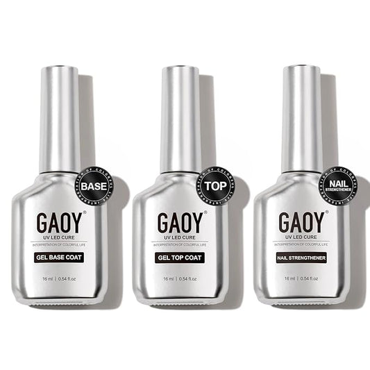 GAOY Gel Top Coat, Nail Strengthener and Base Coat Set, 3 Pcs 16ml Clear Glossy No Wipe Combination for UV Light Cure Gel Nail Polish