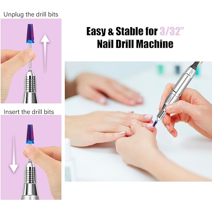 Depvko Super Long 5 in 1 Nail Drill Bits, 3/32'' Carbide Tungsten Bits, Two Way Rotate Professional Advanced Safety Bits for Nail, Fast Remove for Manicure Pedicure (Classic 5in1-Purple, Medium-M)