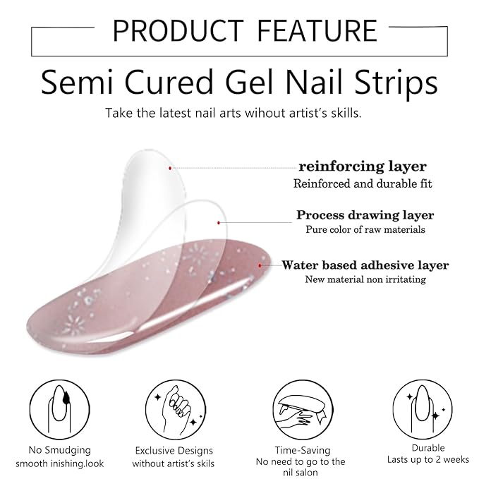 WOKOTO 1 Sheet Semi Cured Gel Nail Strips With Wood Stick, Nail File & Prepared Pads, 20 Tips Light Pink With Glitter Semi Cured Nail Polish Strips, Harden With UV Light Gel Nail Stickers For Women