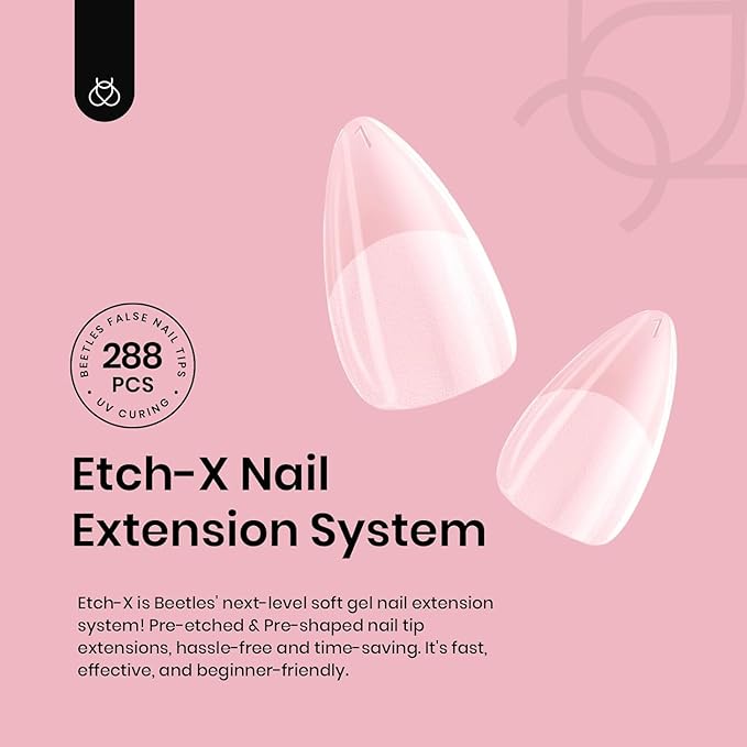 Beetles Extra Short Almond Nail Tips, 12 Sizes 288 PCS Pre-Shaped Clear Full Cover Etch Gel Nail Tips Clear Acrylic Nails Glue on Nails for Girls Women Nail Art Design,Nail Glue Needed