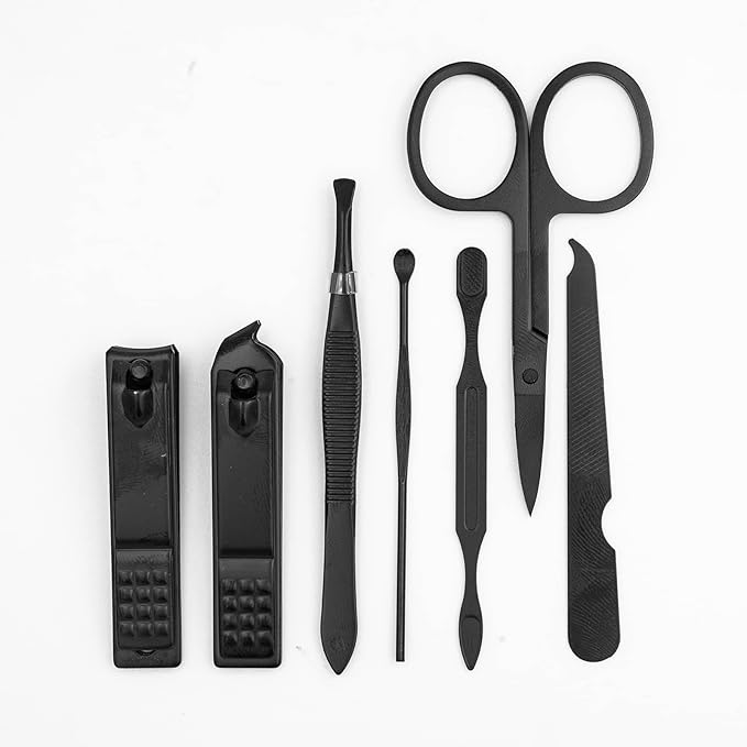 Nail Clipper Set, 7PCS Manicure Set Fingernail Clippers Kit Black Stainless Steel Pedicure and Manicure Kit with Brown PU Leather Case
