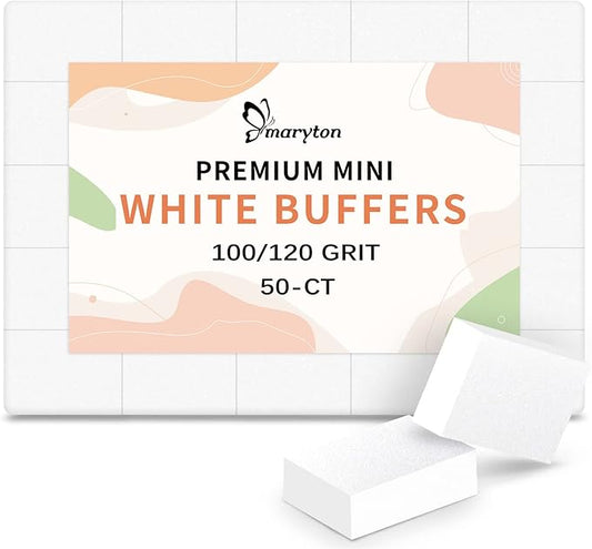 Maryton Mini Nail Buffer Blocks - 100/120 Grit Professional Salon White Buffers - Buff Nails Prior to Application of Gel Polish, Acrylic, 50 Count