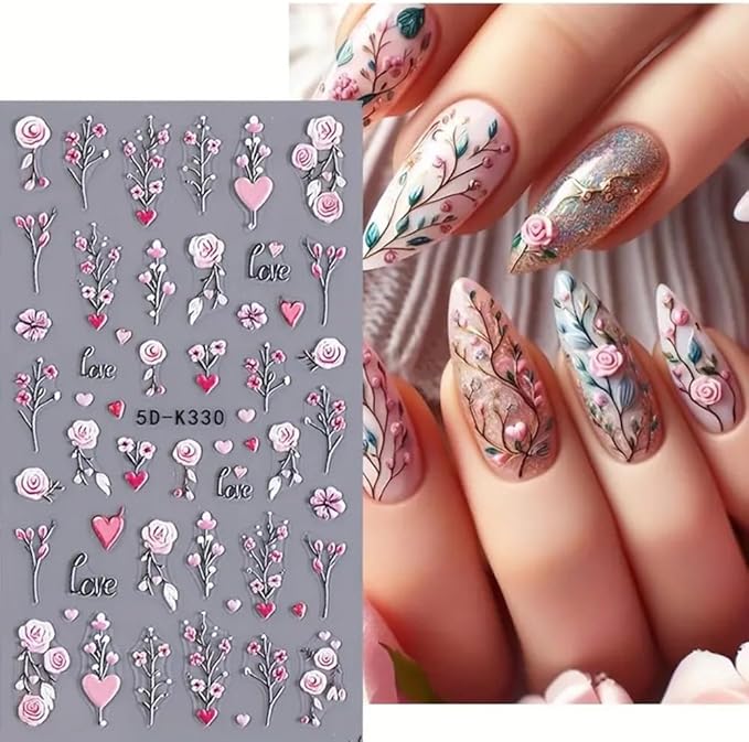 5D Embossed Branch Flowers Spring Nail Art Stickers Purple Flower Nail Stickers Colorful Floral Nail Decals 3 Sheets Flowers and Plants Nail Designs for Women Girls DIY Nail Art Supplies