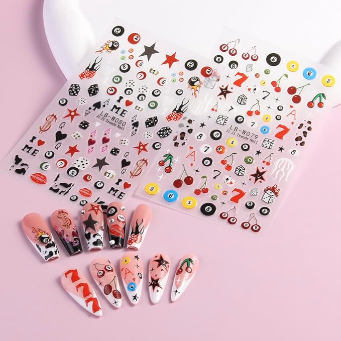 4 Sheets Pool & Dice Nail Art Stickers Decals, Cute Cartoon Style Dice Billiard Numbers Cherry Star Nail Art Design 5D Embossed Self-Adhesive Nail Decals Manicure Decorations for Women Girls