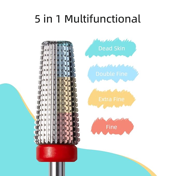 Fine 5 in 1 Nail Drill Bits, Safety Carbide Nail Bit, Straight Cut Tapered Drill Bits for Nails, 3/32 Two-way, Electric Manicure Drills Accessories