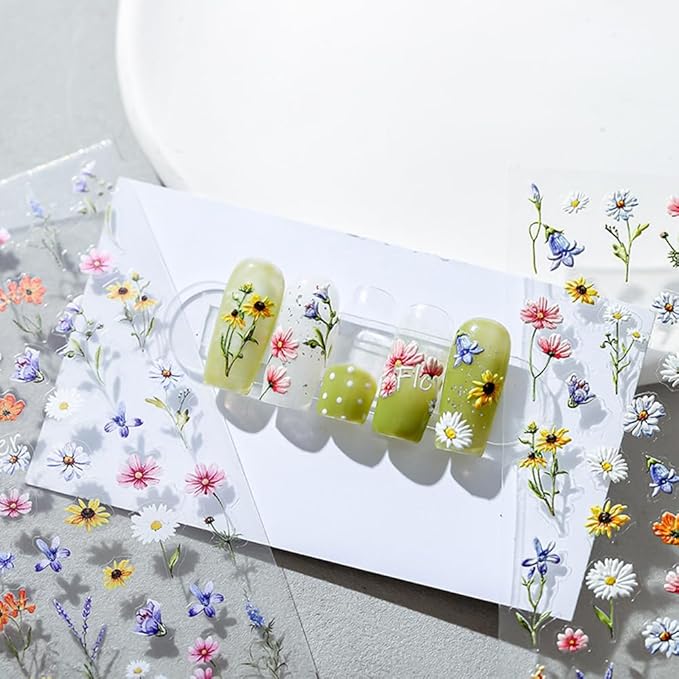 1Pcs Embossed Flower Nail Stickers Small Daisy Nail Decals 5D Embossed Wildflower Nail Art Stickers Spring Summer Self-Adhesive Nail Supplies Flower Design Nail Art Decoration for Women Girls Kids