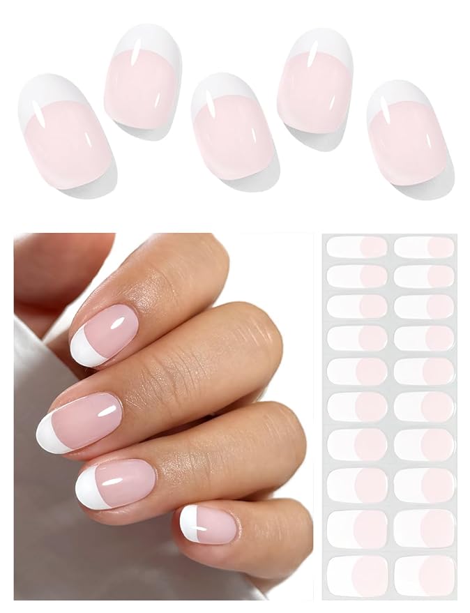 Semi Cured Gel Nail Strips (Classic French-L), White French Tip, 20 Pcs Gel Nail Wraps, Stickers, UV Light Required, Salon Quality, Long Lasting