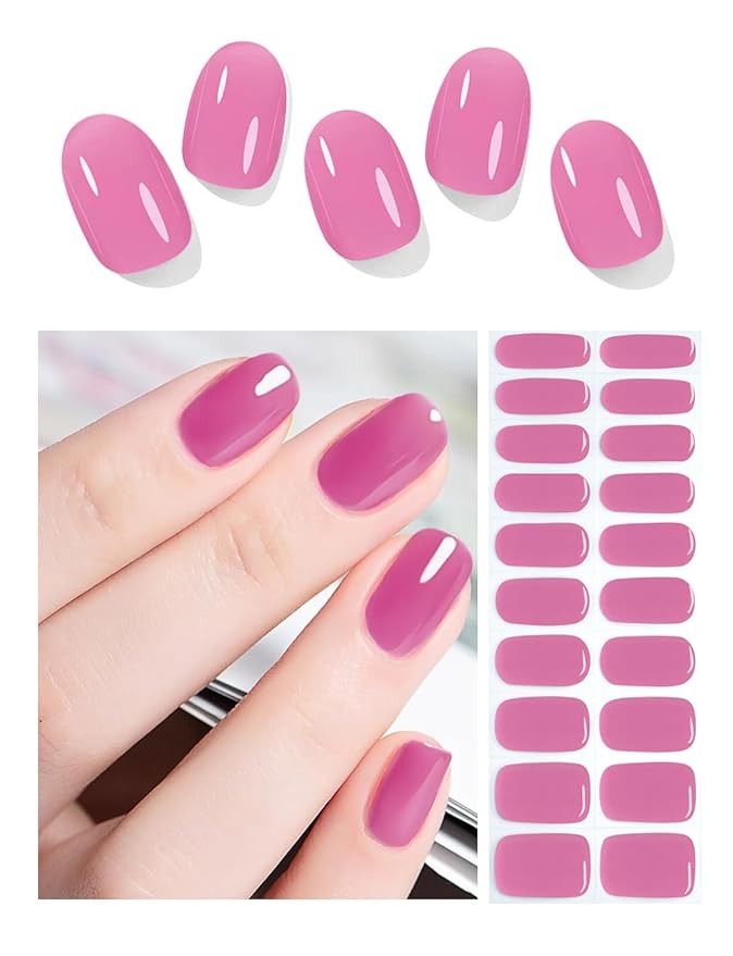 Semi Cured Gel Nail Strips | 20pcs Jelly Hot Pink Gel Nail Stickers UV | Semi Cured Gel Nail Wraps for Home Nails DIY, Pinkish Purple