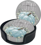 6 Pcs Fall Blue Pumpkin Eucalyptus Leaves Grey Leather Coasters - Image 3